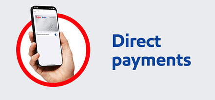 Direct payments next to hand holding phone displaying Direct Debit wallet in the app