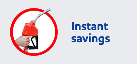 Instant savings next to hand holding red gas pump nozzle