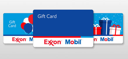 Three ExxonMobil gift card designs. One with balloons, one with wrapped gifts, and one without a theme that is dark blue.