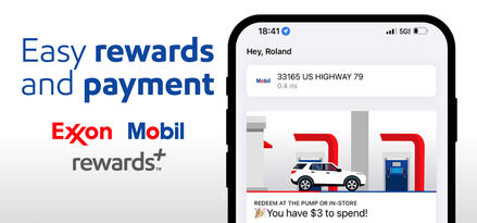 Card featuring the Exxon Mobil Rewards+ app with text: Easy rewards and payments. Exxon Mobil Rewards+