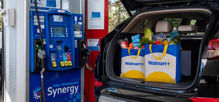 An open car trunk at an Exxon fuel pump. Inside the open trunk are two Walmart bags full of groceries.