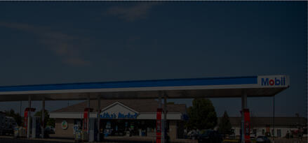 Mobil branded fuel canopy at a mobil station