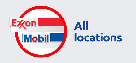 Exxon and Mobil branded station canopies with text: All locations