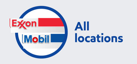 Exxon and Mobil branded station canopies with text: All locations