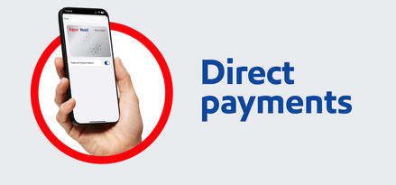 A hand holding a smart phone with Exxon Mobil Direct Debit+ on the screen with text: Direct payments