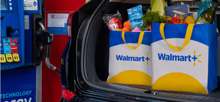 An SUV is filling up with gas at an Exxon gas pump, and the back is open showing two bags of groceries in Walmart bags.
