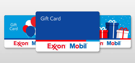 Three ExxonMobil gift card designs. One with balloons, one with wrapped gifts, and one without a theme that is dark blue.