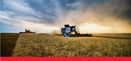 A combine harvester with glowing headlights cutting down wheat across a large field at sunset.