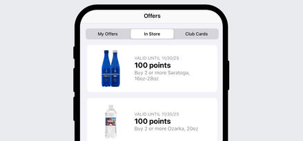 A phone screen showing the in-store offers tab of the Exxon Mobil Rewards+ app