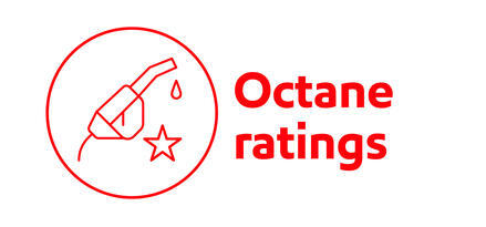 Red fuel nozzle icon with text: Octane ratings