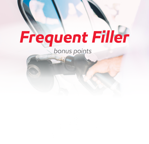 A close-up of a hand holding a fuel pump, filling up a car with text: Frequent Filler bonus points