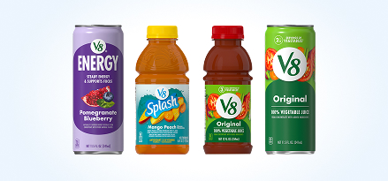 V8 Energy Pomegranate Blueberry, V8 Splash Mango Peach, V8 Original bottle and V8 Original can. Earn 100 points. Buy 2 11.5-16-oz. V8 beverages.
