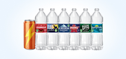 Generic energy drink can and 6 different BlueTriton brands water bottles. Earn 80 points. Buy 1 BlueTriton Brands Regional Spring Water and any 1 energy drink.