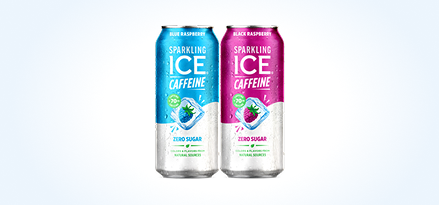 Sparkling Ice® Caffeine blue raspberry and black raspberry cans. Earn 100 points. Buy 2 16-oz. Sparkling Ice® Caffeine.