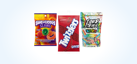 Shaq-A-Licious, Twizzlers and Sour Strips Bites packages.
