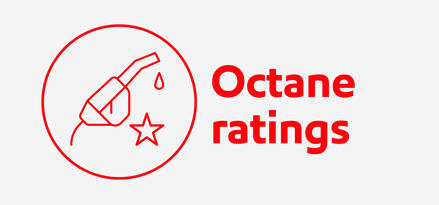 Red fuel nozzle icon with text: Octane ratings