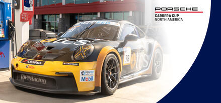 A Porsche Carrera race car at a Mobil branded fuel pump.