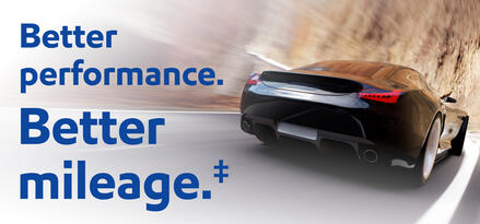 Back of black sports car on road with text: Better performance. Better mileage.