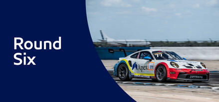 Porsche Carrera race car on track with text: Round Six.