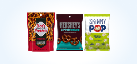3 various popcorn and pretzel bags.